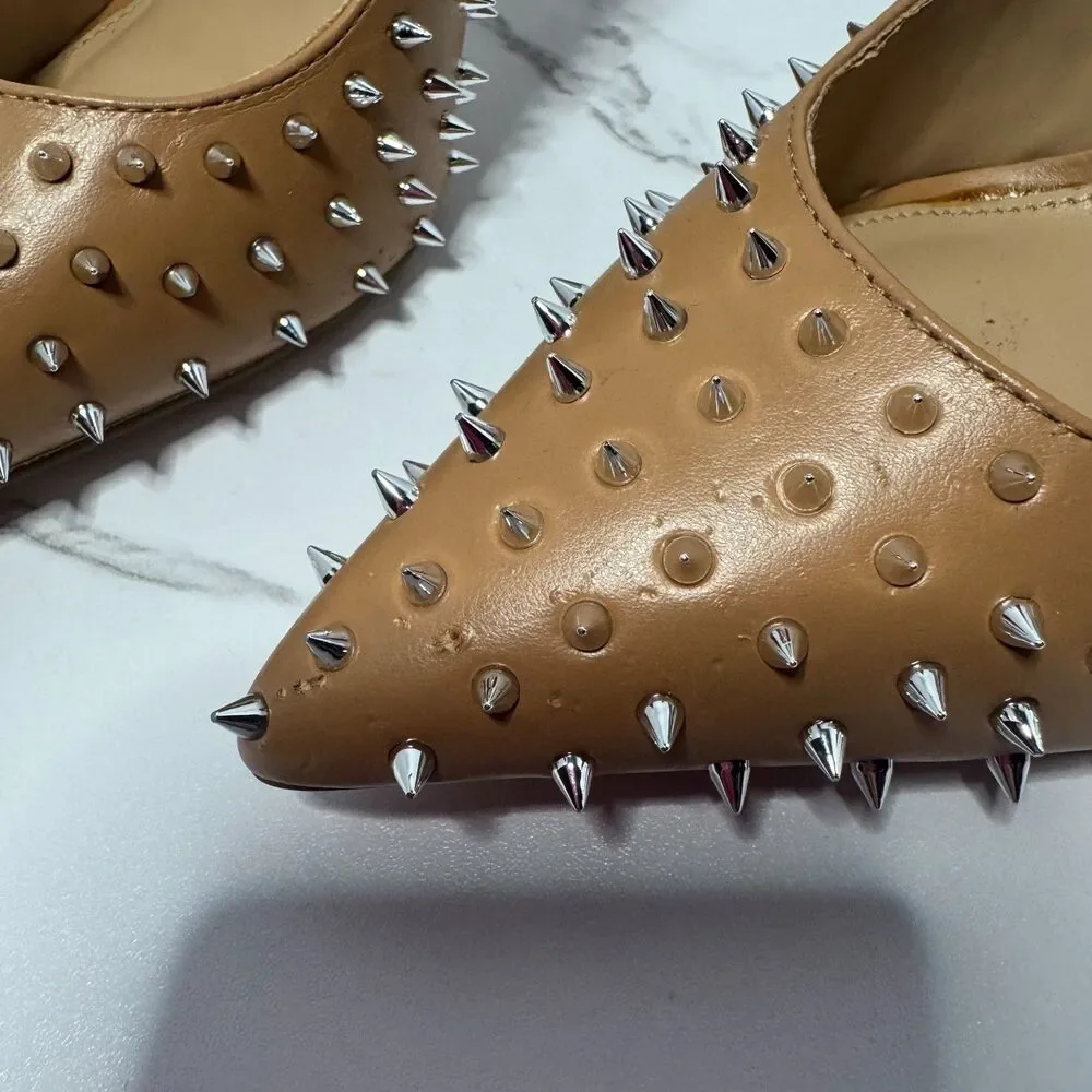 Steve Madden Vala Tan Nude Silver Spiked Studded Pointed Toe Pumps, Sz 7.5